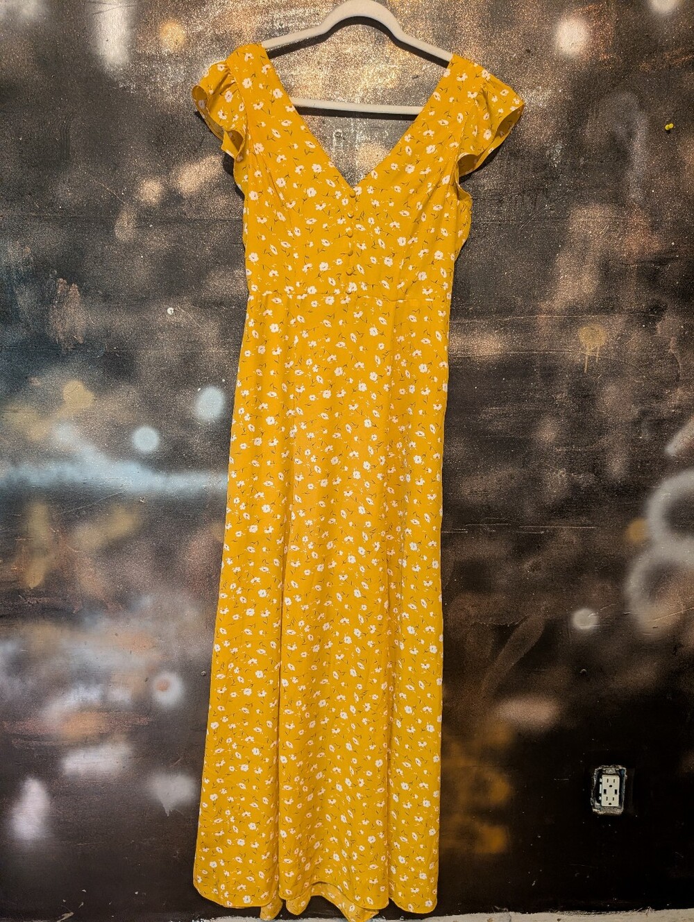 Lulu's Mustard Yellow Floral V-Neck Maxi Dress